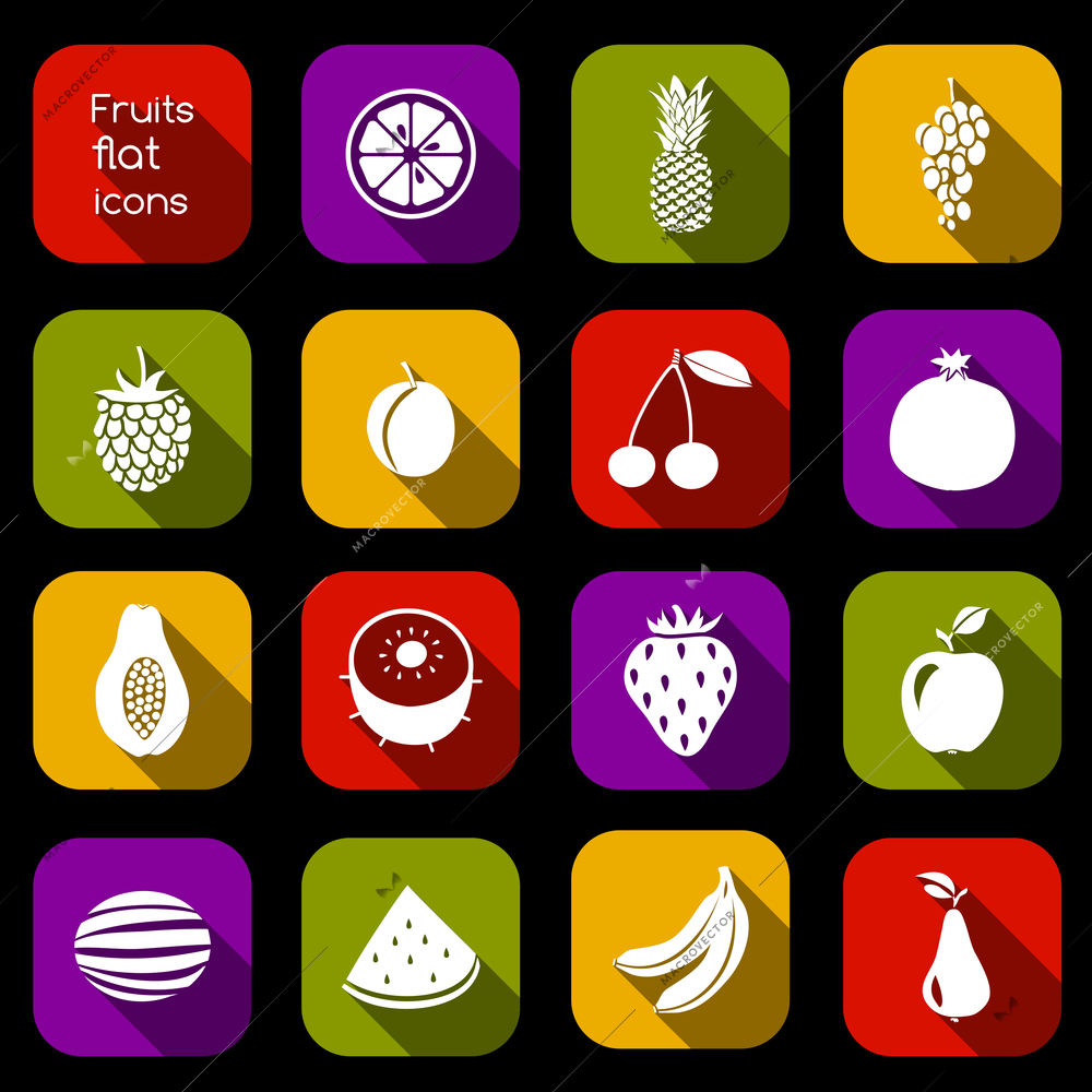 Natural organic fruits and berries flat icons set isolated vector illustration