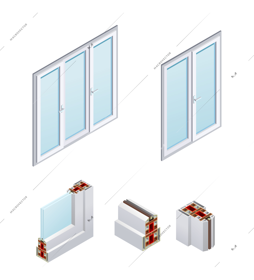 Pvc windows and frame elements with glass isometric icons isolated on white background vector illustration