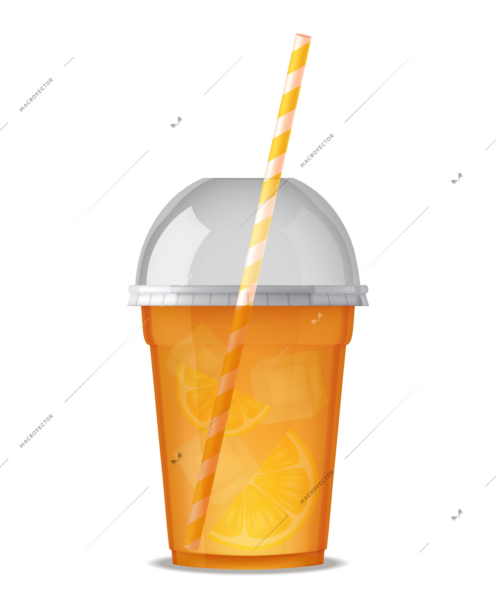 Transparent plastic glass for drink juice or smoothie with pipe and cover isolated vector illustration