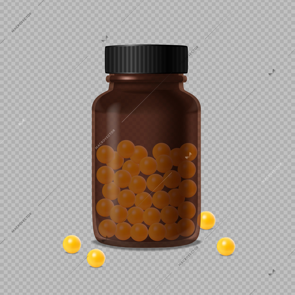 Closed medical brown glass bottle and scattered yellow vitamin dragee on transparent background realistic vector illustration