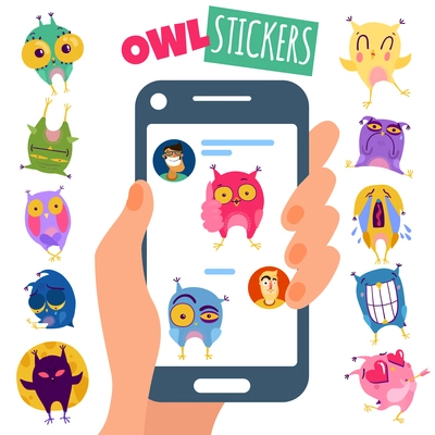 Funny colorful owl stickers showing different emotions for chat flat isolated vector illustration