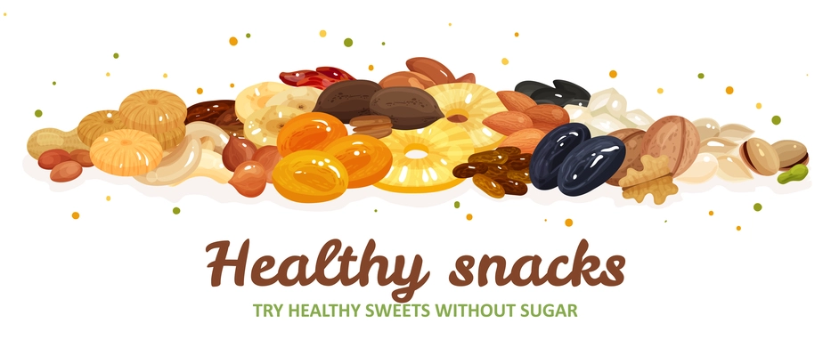 Various nuts and dried fruits for healthy and delicious snack flat vector illustration