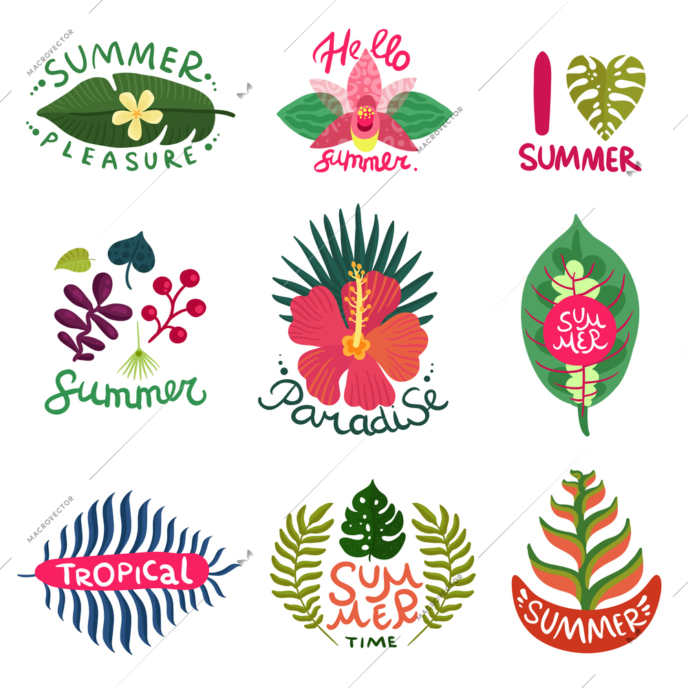 Flat set of colorful summer emblems with different tropical plants isolated on white background vector illustration