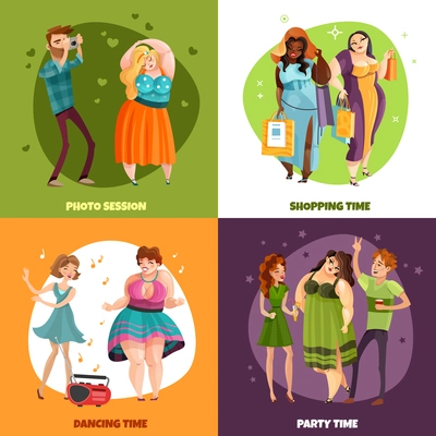 Plus size women during photo session shopping party and dancing design concept isolated vector illustration