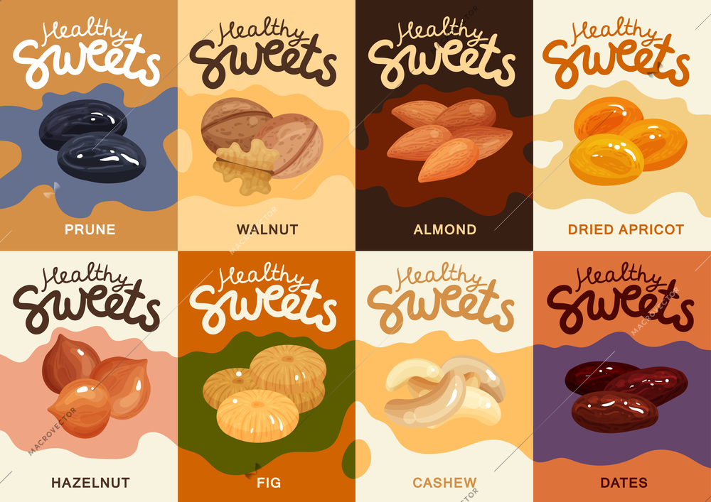 Flat set of colorful cards with different nuts and dried fruits isolated vector illustration