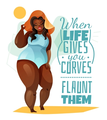 Plus size woman in hat and blue swim suit poster with quote about body vector illustration