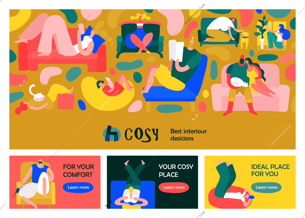 Colorful banners set with people having rest at home flat isolated vector illustration