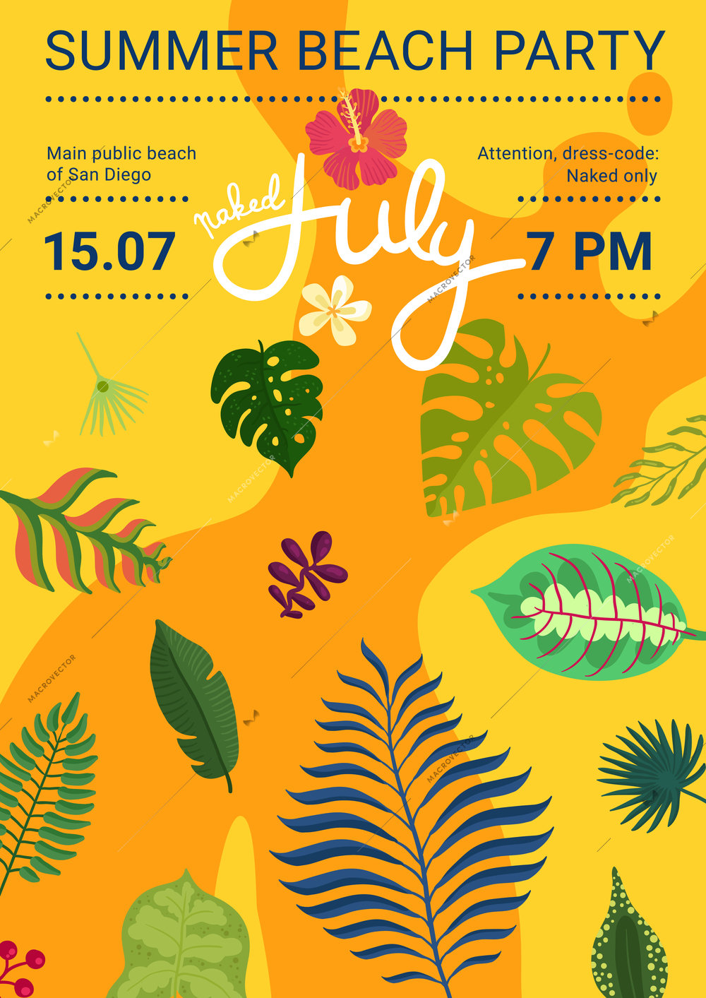 Summer beach party poster with leaves and flowers of tropical plants flat vector illustration