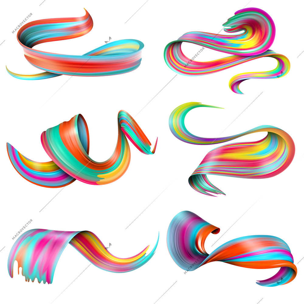 Set of realistic colorful twisted brush strokes of oil or acrylic paints isolated vector illustration