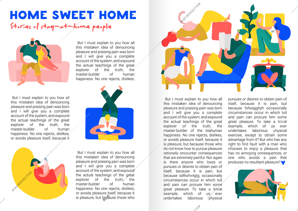 Flat design infographics with text field and people staying and resting on comfortable furniture at home vector illustration