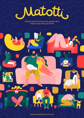 People having rest on comfortable furniture at home on blue background flat design poster  vector illustration