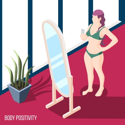 Body positivity movement isometric background with woman in bikini standing at mirror and holding smartphone with camera for selfie vector illustration