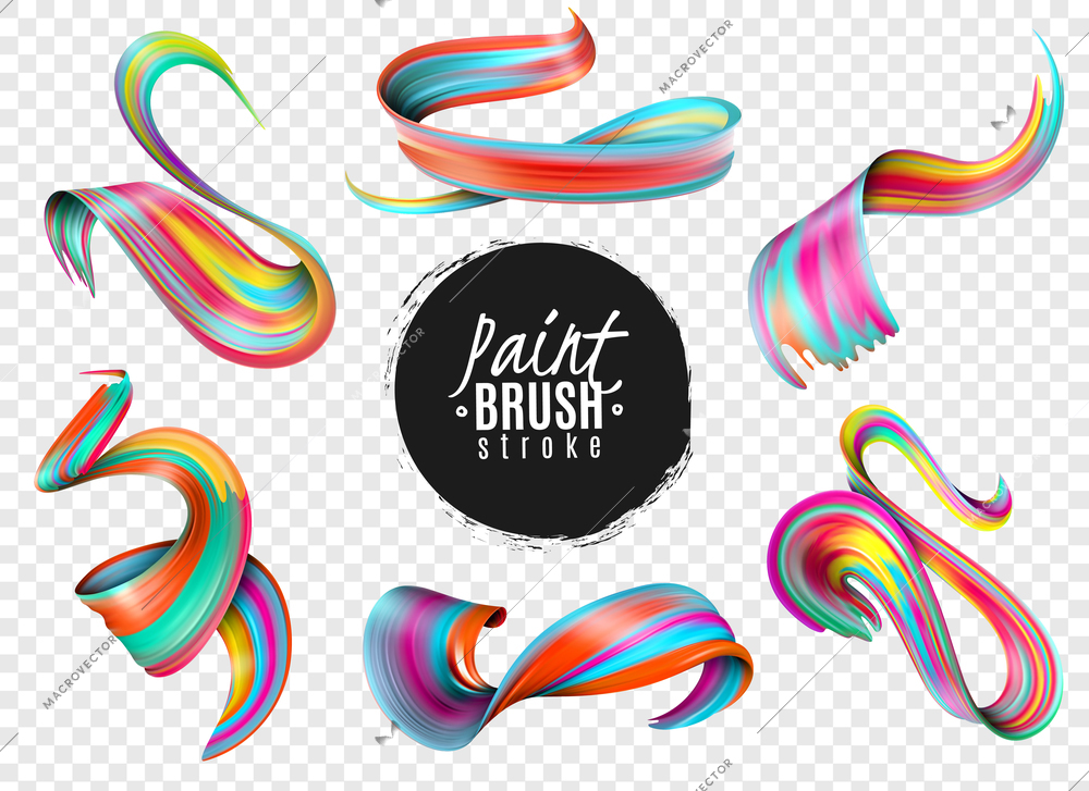 Set of realistic colorful paint brush strokes isolated on transparent background vector illustration