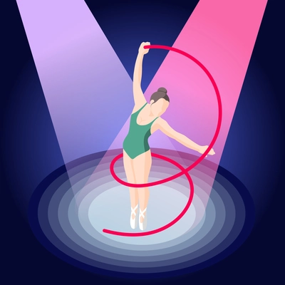 Ballet isometric composition of ballerina with ribbon in pointe shoes on stage illuminated by spotlights vector illustration