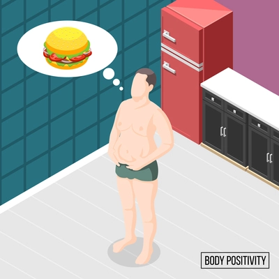 Body positivity movement isometric vector illustration of man with excess weight dreaming about burger in kitchen interior