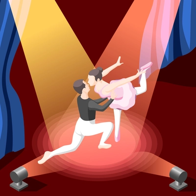 Colorful isometric vector illustration of couple dancing ballet on stage illuminated by spotlights