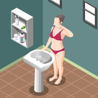 Personal hygiene poster with young woman in underwear cleaning teeth at sink in bathroom interior isometric vector illustration