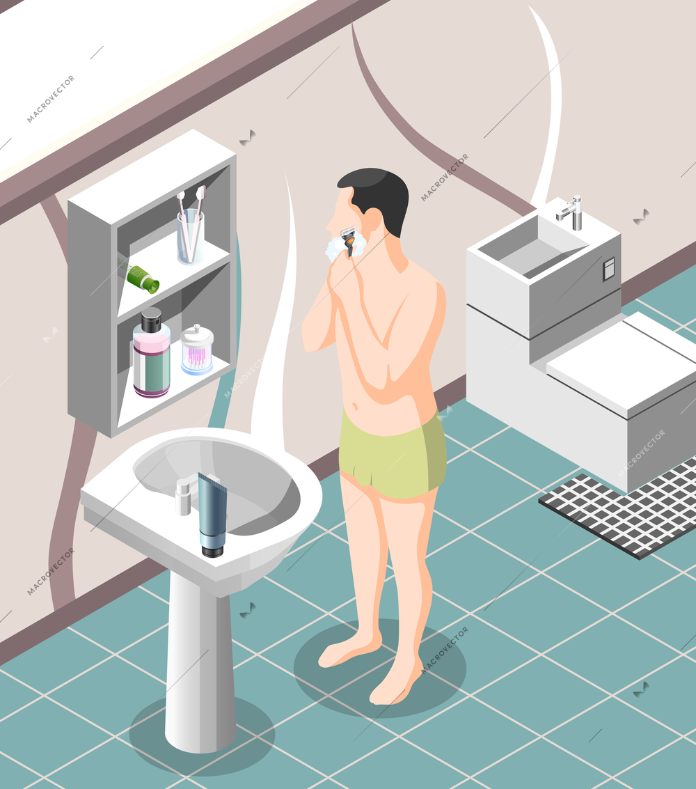 Personal hygiene isometric background with man in underwear shaving by razor near sink in bathroom interior vector illustration