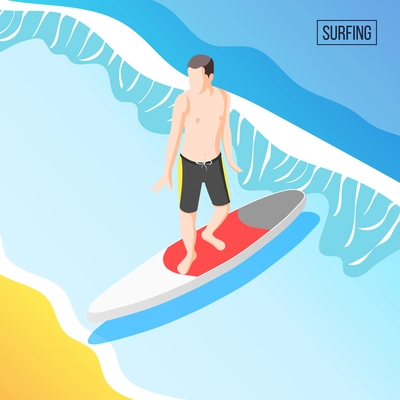 Extreme water sports isometric background with healthy athletic man on summer vacation balancing on surfboard vector illustration