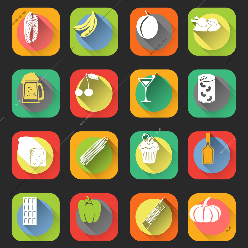 Food flat icons set of bread cherry cocktail glass isolated vector illustration