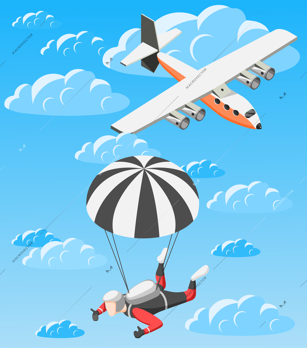 Extreme sports isometric background parachuting theme with with the images of aircraft and skydiver soaring in clouds vector illustration