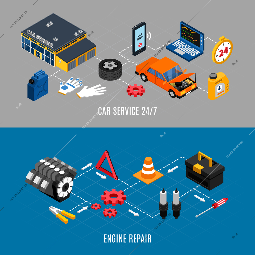 Car service and maintenance horizontal banners set with engine repair symbols isometric isolated vector illustration