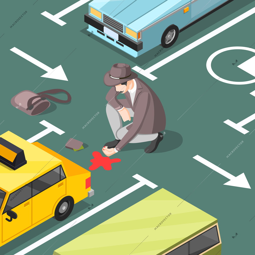 Classic crime scene with detective looking for blood stains on asphalt of car parking lot isometric vector illustration