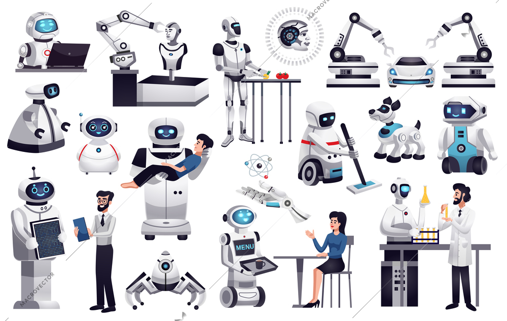 Robots next generation artificial intelligence machines in industry medicine housekeeping office helpers companions flat set vector illustration