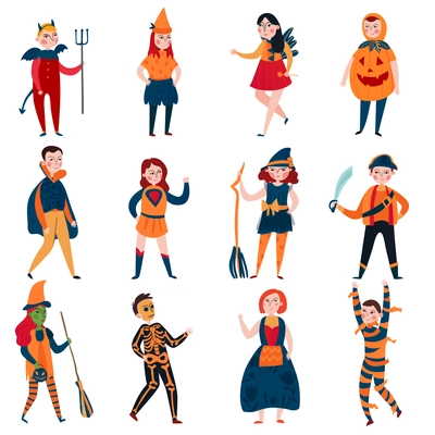 Halloween kids set of twelve isolated images with flat characters of party children on blank background vector illustration