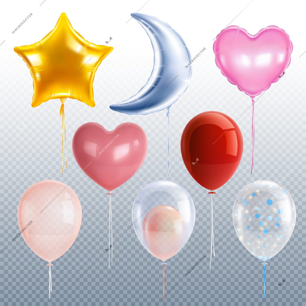 Party balloons realistic set with star heart and moon transparent isolated vector illustration