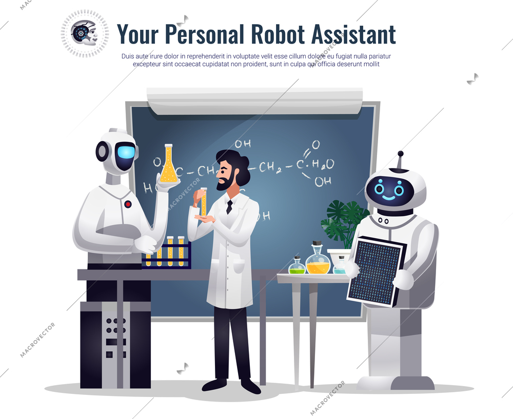 Robots in scientific research flat composition with automated humanoid assistants performing tests in chemical lab vector illustration