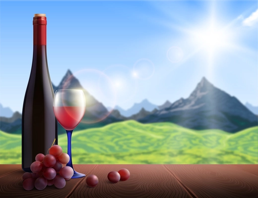 Wine realistic background with mountains view and wooden table vector illustration