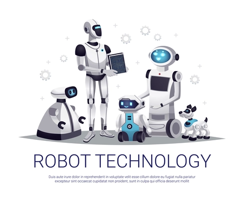 Next generation robots future technology flat composition with humanoid automated helpers and remote controlled pets vector illustration