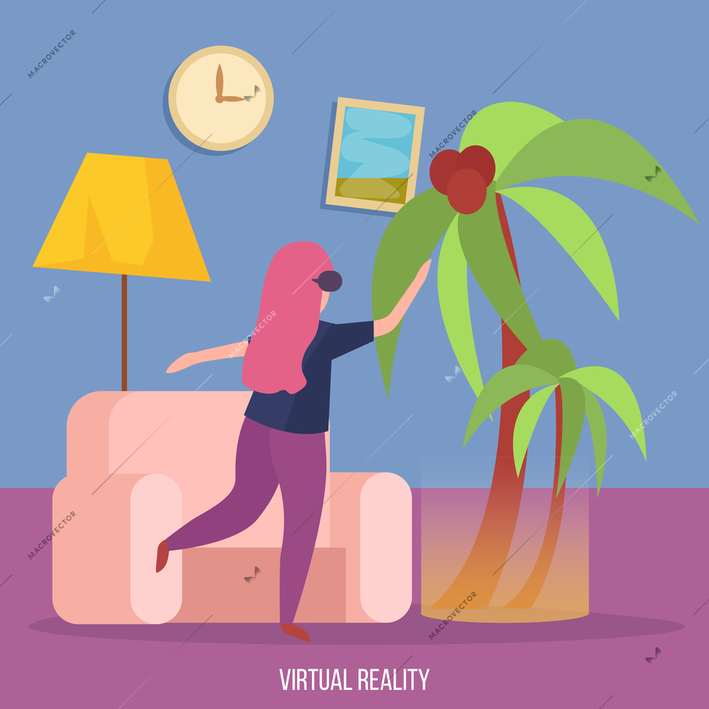 Virtual augmented reality experience orthogonal background with young lady in vr glasses dancing under palm vector illustration