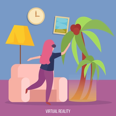 Virtual augmented reality experience orthogonal background with young lady in vr glasses dancing under palm vector illustration