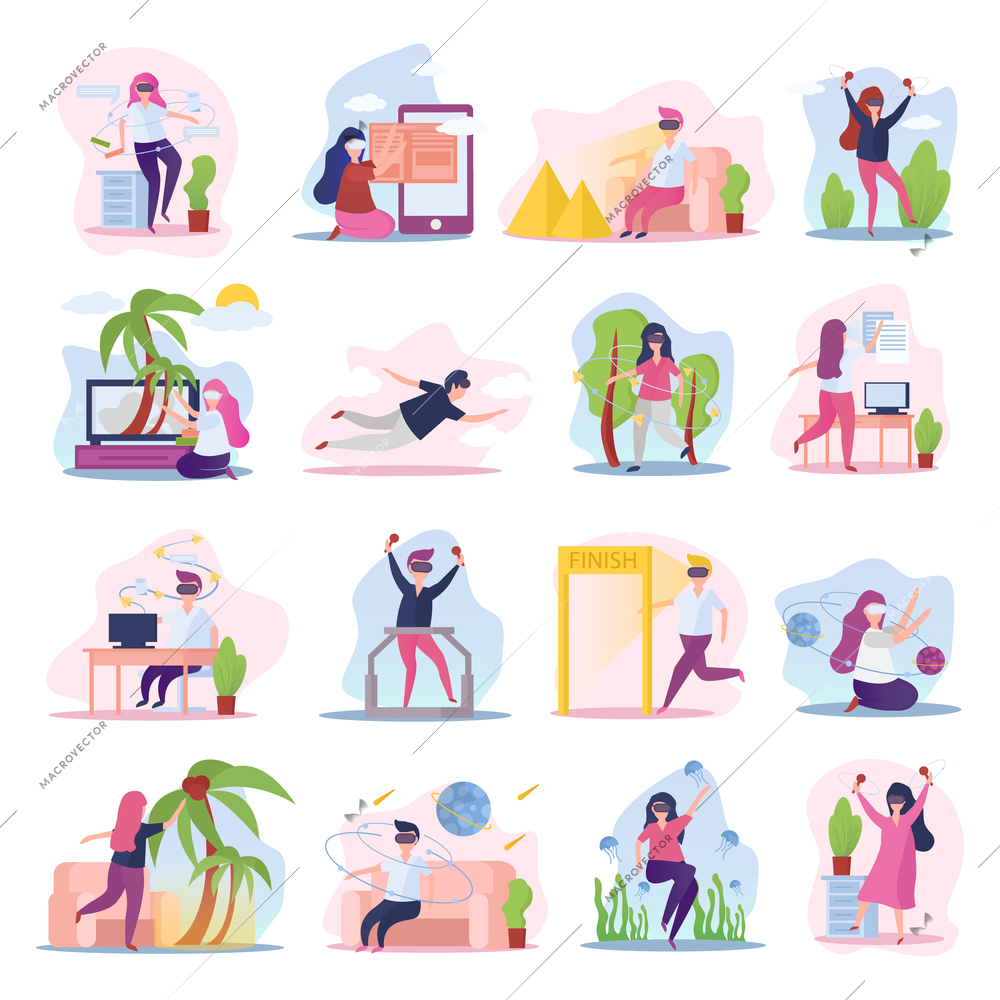 Virtual augmented reality 16 orthogonal compositions icons collection with people in vr glasses experiences isolated vector illustration