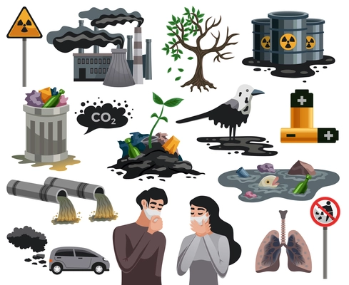 Ecological disasters flat images set with air water pollution hazardous waste related health problems isolated vector illustration