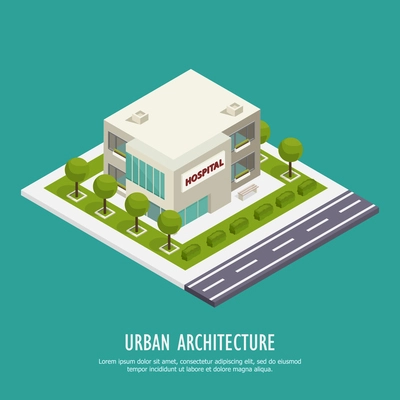 Urban architecture public buildings isometric background poster with city hospital clinical and research center area vector illustration