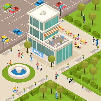 Urban architecture public buildings isometric composition with modern mall shopping center outdoor area fountain customers vector illustration