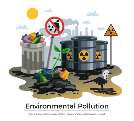 Environmental pollution hazardous radioactive industrial and housekeeping waste ecological disasters awareness flat composition poster vector illustration