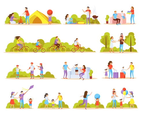 Family activities orthogonal icons set with home together outdoor cycling barbecuing and vacation travel isolated vector illustration