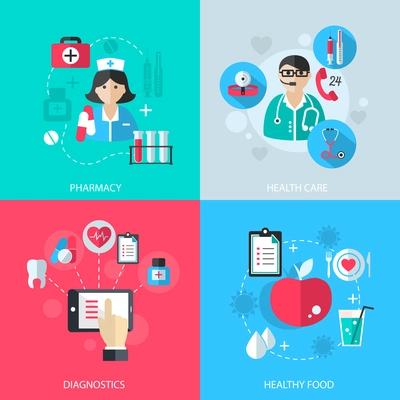 Medicine healthcare services concept flat icons set of medical technology pharmacy diagnostics and healthy nutrition food for infographics design web elements vector illustration