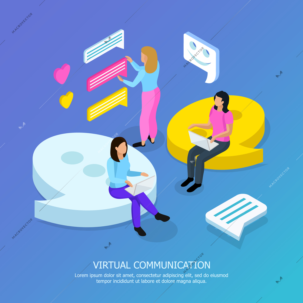 Virtual communication isometric background composition poster with electronic text heart and emoji symbols messaging people vector illustration