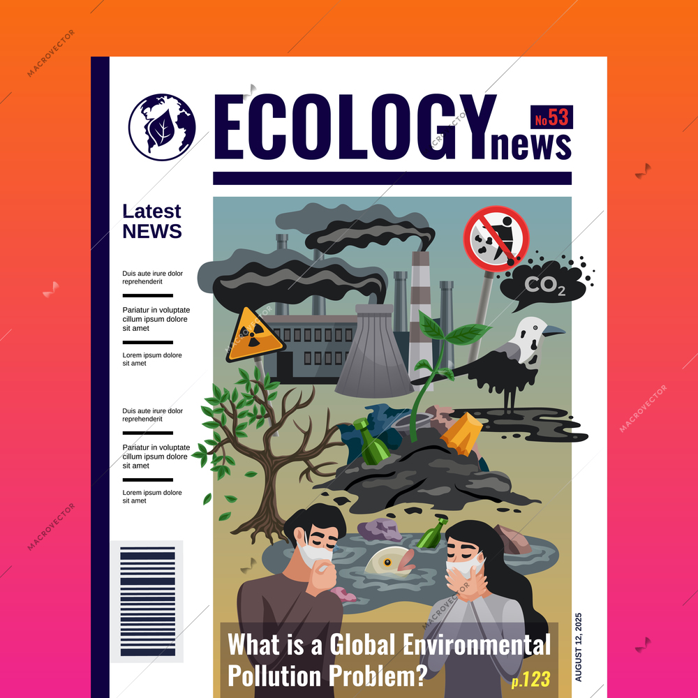 Ecology news magazine cover design with global environmental pollution problems articles titles symbols images flat vector illustration