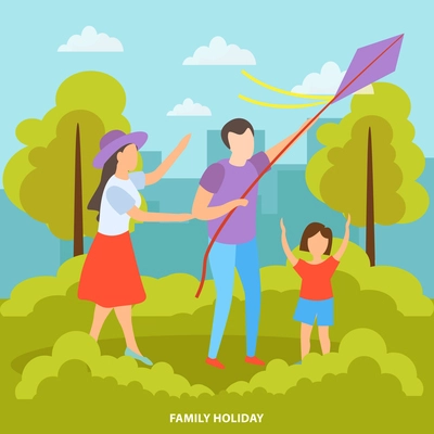 Family with kids summer outdoor activities orthogonal composition with kite flying in city park background vector illustration