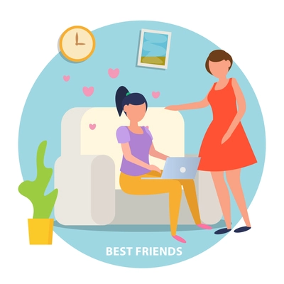 Girls friendship orthogonal background poster with 2 young ladies home sharing romantic dating online experience vector illustration