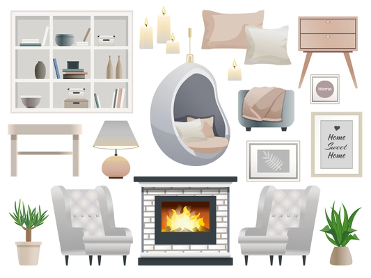 Danish hygge style cozy warming interiors  design elements set with fireplace candles light comfortable furniture vector illustration