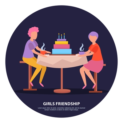 Grown up girlfriends birthday party night celebration orthogonal dark background friendship poster with colorful cake vector illustration