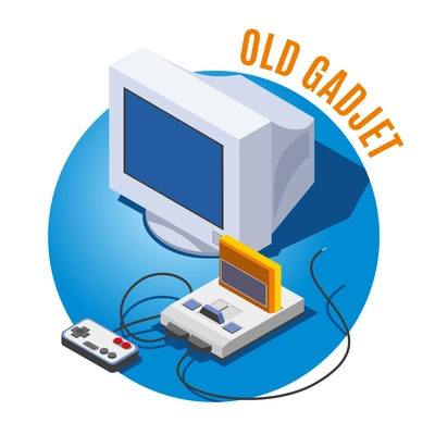 Old gadgets monitor of personal computer and game console with  cartridge on blue background isometric  vector illustration