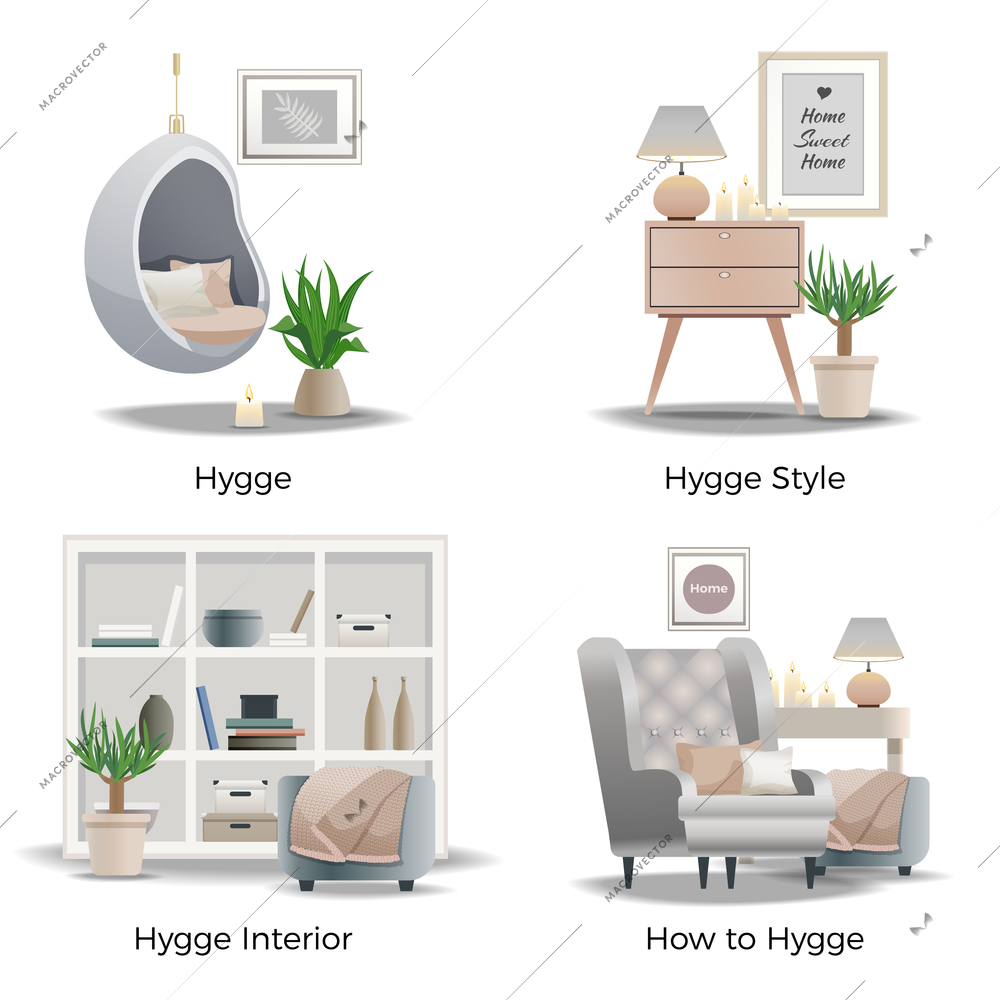 Scandinavian hygge style concept 4 cozy interior design compositions with candles comfortable reading nooks isolated vector illustration